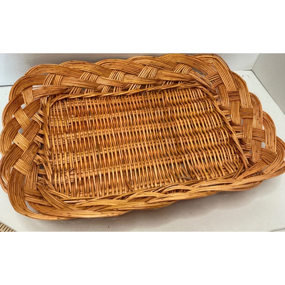 Wicker Basket Tray Braided Rim Rectangular Natural Wood 13in Home Decor